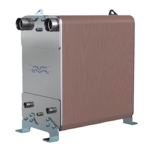 Intercambiador de calor soldado modelo AC1000DQ, con especificaciones de alto 921 mm, ancho 487 mm, y presión máxima de 45 bar.