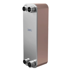 Intercambiador de calor Alfa Laval AC112, dimensiones de 868 mm de altura, 191 mm de ancho, presión máxima de 51 bar.