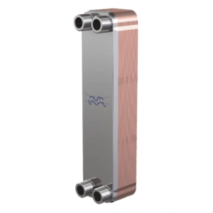 Intercambiador de calor soldado modelo CBH18DW, especificaciones de alto 314 mm, ancho 76 mm, y presión máxima de 32 bar.